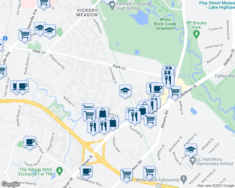map of restaurants, bars, coffee shops, grocery stores, and more near 6712 Eastridge Drive in Dallas