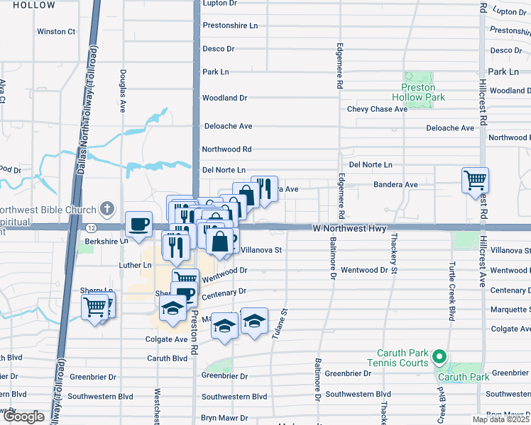map of restaurants, bars, coffee shops, grocery stores, and more near 6211 West Northwest Highway in Dallas