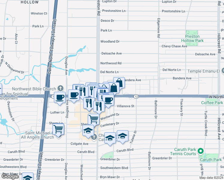 map of restaurants, bars, coffee shops, grocery stores, and more near 6105 Averill Way in Dallas