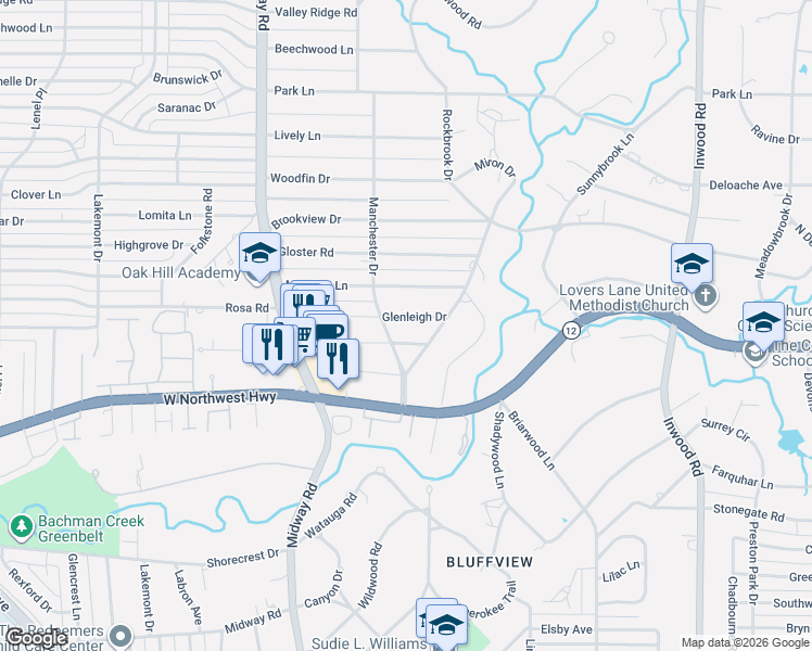 map of restaurants, bars, coffee shops, grocery stores, and more near 4510 Glenleigh Drive in Dallas