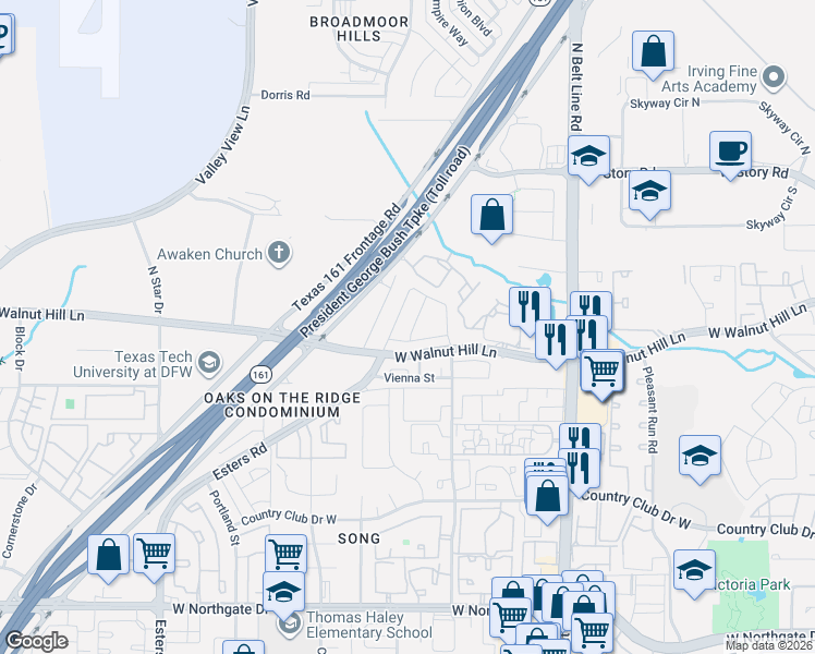 map of restaurants, bars, coffee shops, grocery stores, and more near 17 Florence Drive in Irving