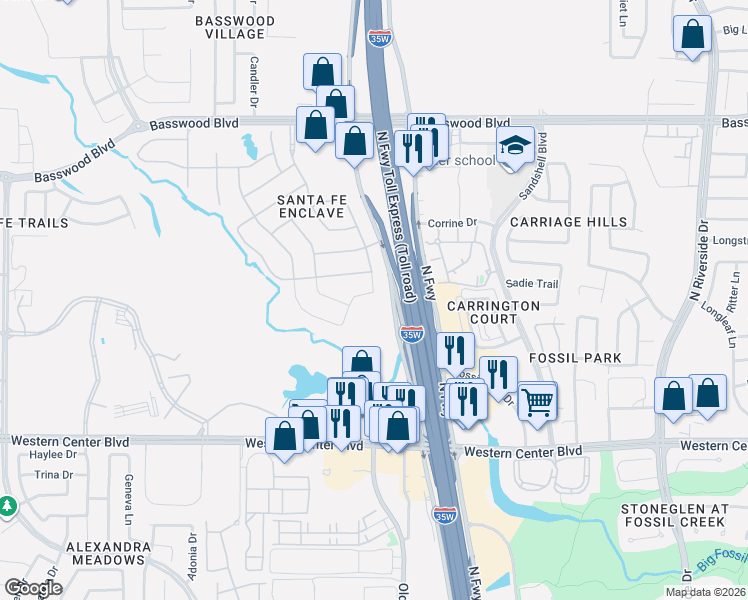 map of restaurants, bars, coffee shops, grocery stores, and more near 6848 San Luis Trail in Fort Worth