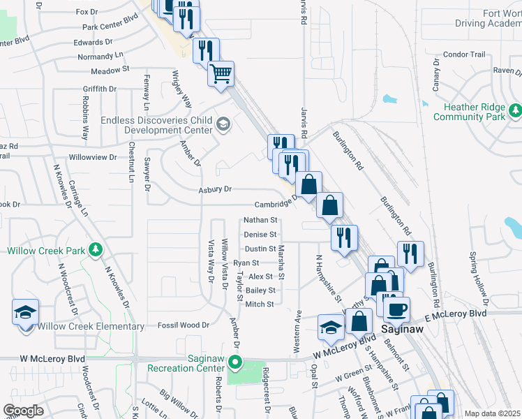 map of restaurants, bars, coffee shops, grocery stores, and more near 307 Cambridge Drive in Saginaw