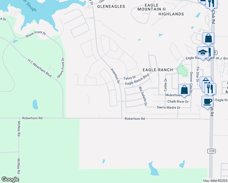 map of restaurants, bars, coffee shops, grocery stores, and more near 7000 Golden Eagle Road in Fort Worth
