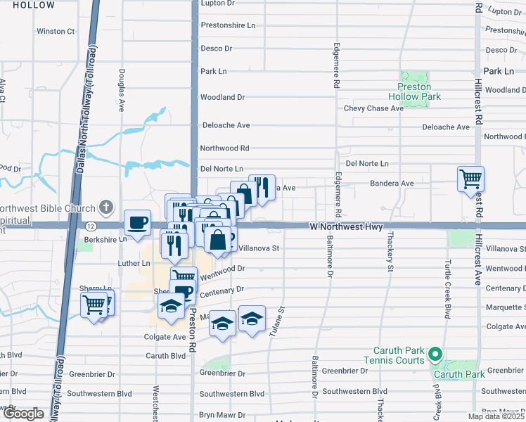 map of restaurants, bars, coffee shops, grocery stores, and more near 6211 West Northwest Highway in Dallas