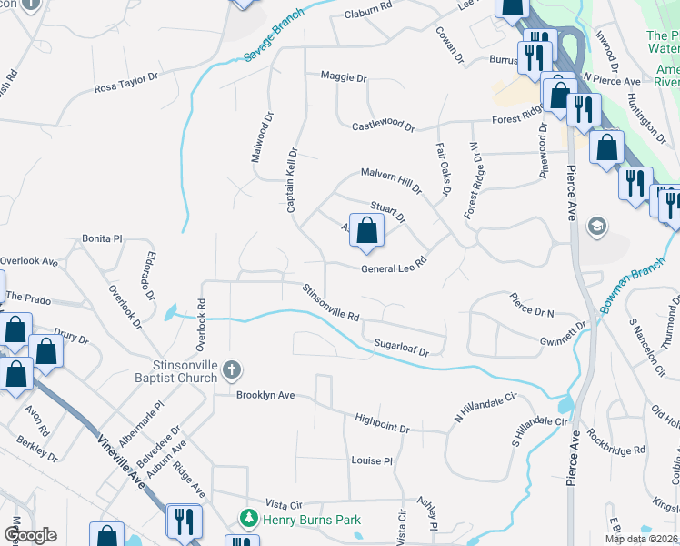 map of restaurants, bars, coffee shops, grocery stores, and more near 3074 General Lee Road in Macon