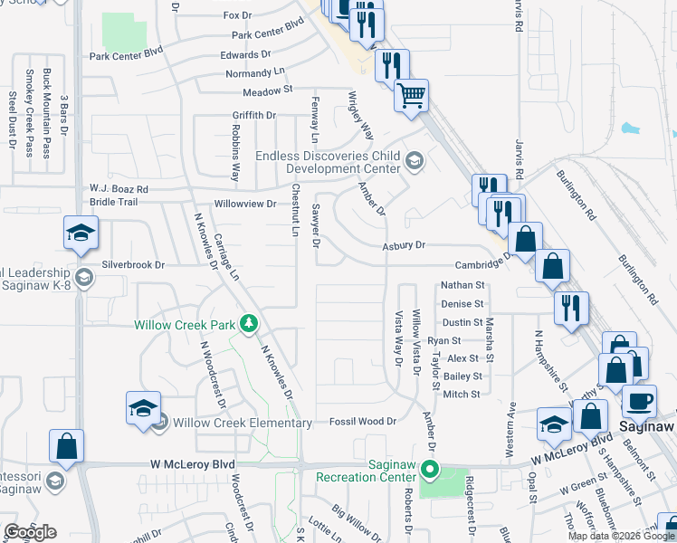 map of restaurants, bars, coffee shops, grocery stores, and more near 509 Buckstone Drive in Saginaw
