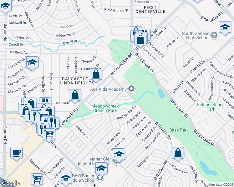 map of restaurants, bars, coffee shops, grocery stores, and more near 317 Brookview Drive in Garland