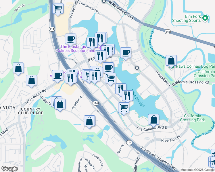 map of restaurants, bars, coffee shops, grocery stores, and more near 300 Las Colinas Boulevard East in Irving