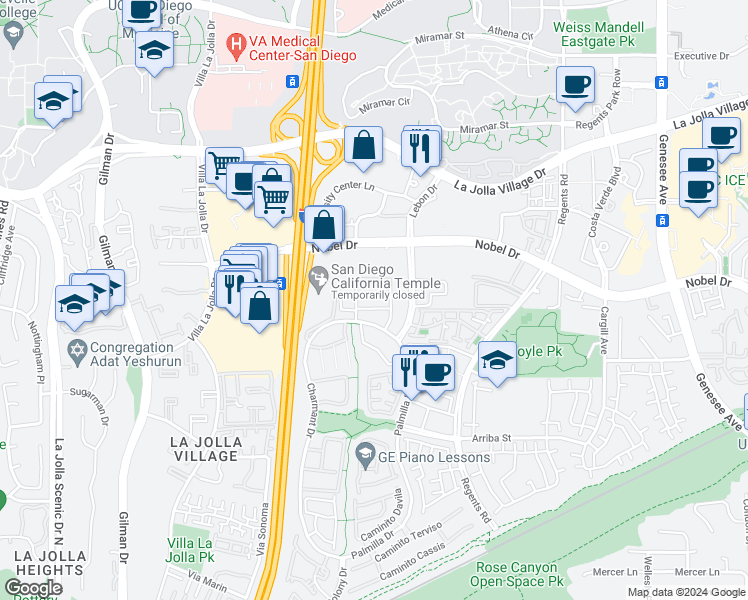 map of restaurants, bars, coffee shops, grocery stores, and more near 7548 Charmant Drive in San Diego