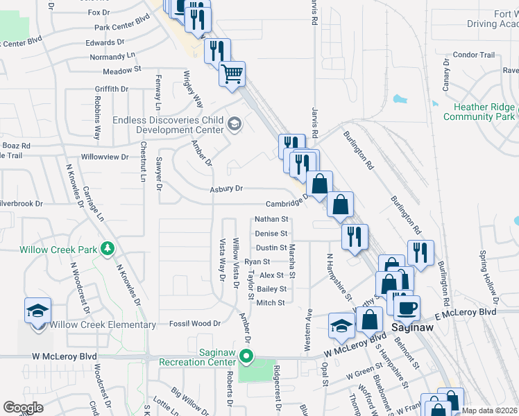 map of restaurants, bars, coffee shops, grocery stores, and more near 411 Cambridge Drive in Saginaw
