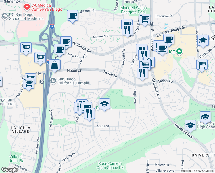 map of restaurants, bars, coffee shops, grocery stores, and more near 8308 Regents Road in San Diego