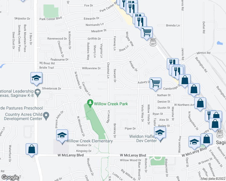 map of restaurants, bars, coffee shops, grocery stores, and more near 537 Buckstone Drive in Saginaw