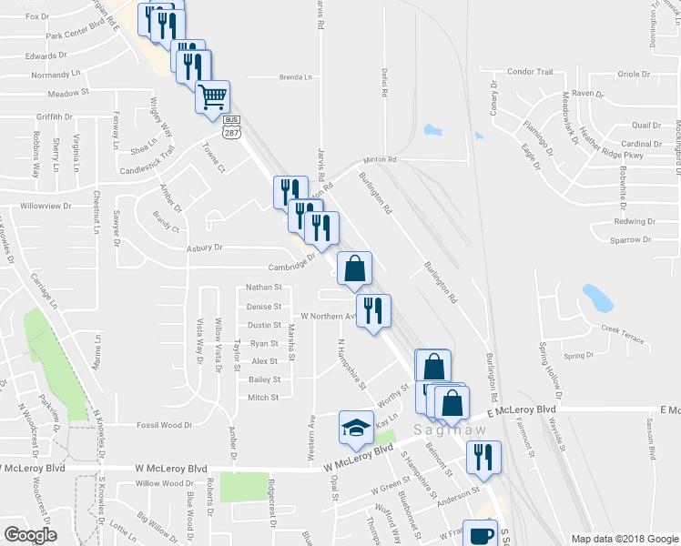 map of restaurants, bars, coffee shops, grocery stores, and more near 682 North Saginaw Boulevard in Saginaw