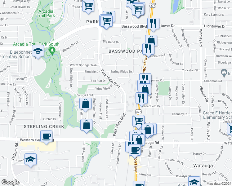 map of restaurants, bars, coffee shops, grocery stores, and more near 5416 Timber Ridge Drive in Watauga