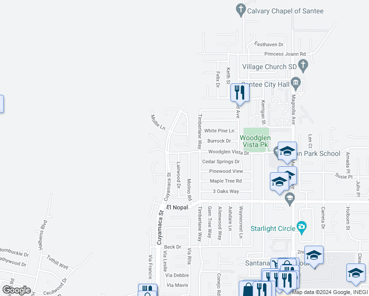 map of restaurants, bars, coffee shops, grocery stores, and more near 9935 Black Hills Lane in Santee