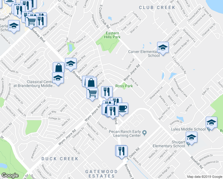 map of restaurants, bars, coffee shops, grocery stores, and more near 1779 Wynn Joyce Road in Garland