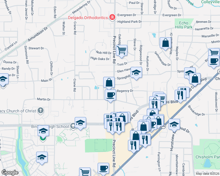 map of restaurants, bars, coffee shops, grocery stores, and more near 6601 Precinct Line Road in North Richland Hills
