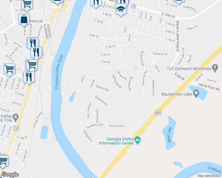 map of restaurants, bars, coffee shops, grocery stores, and more near 119 Hillcrest Road in West Point