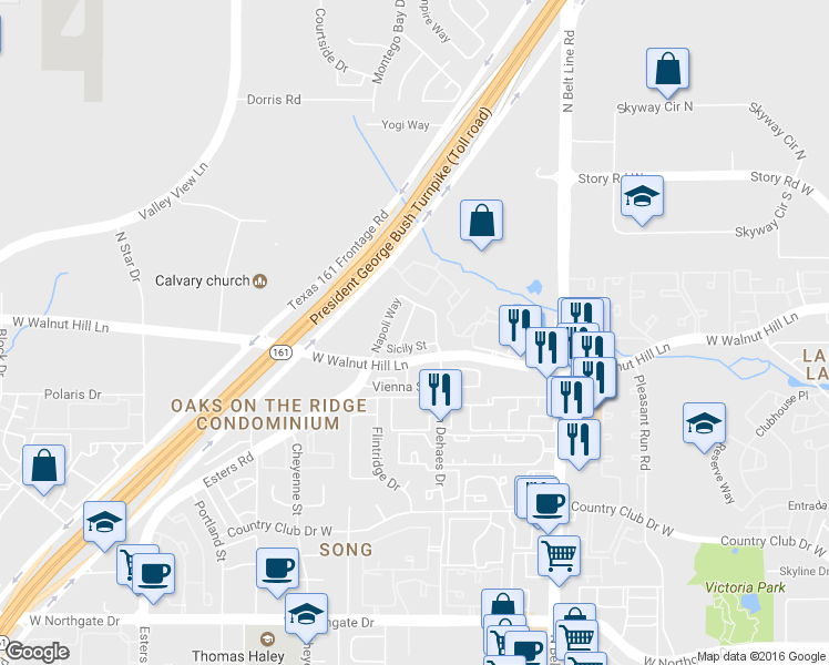 map of restaurants, bars, coffee shops, grocery stores, and more near 17 Florence Drive in Irving