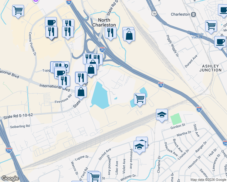 map of restaurants, bars, coffee shops, grocery stores, and more near 4943 Lake Palmetto Lane in North Charleston
