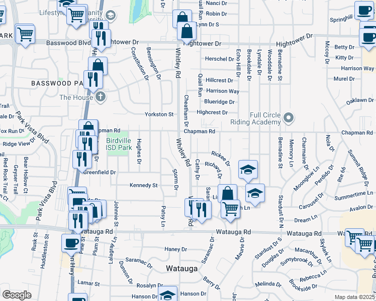 map of restaurants, bars, coffee shops, grocery stores, and more near 6609 Old Whitley Road in Watauga