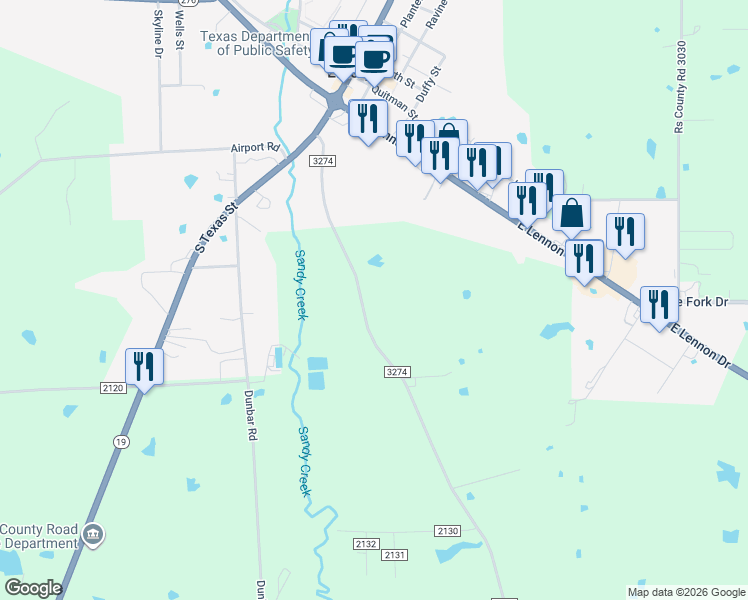map of restaurants, bars, coffee shops, grocery stores, and more near 561 Farm to Market Road 3274 in Emory