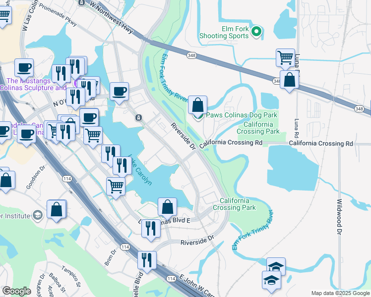 map of restaurants, bars, coffee shops, grocery stores, and more near 801 Lake Carolyn Parkway in Irving