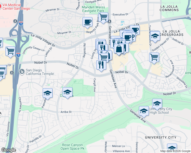 map of restaurants, bars, coffee shops, grocery stores, and more near 4149 Nobel Drive in San Diego