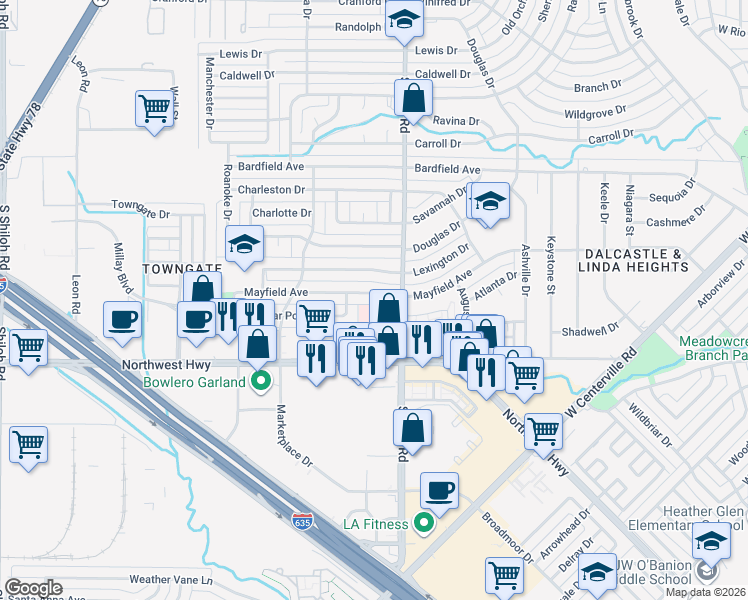 map of restaurants, bars, coffee shops, grocery stores, and more near 1418 Mayfield Avenue in Garland