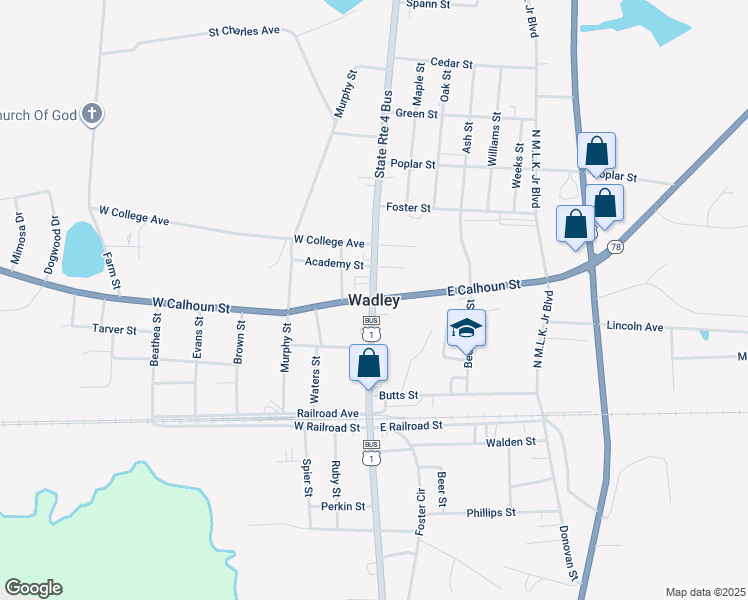 map of restaurants, bars, coffee shops, grocery stores, and more near in Wadley