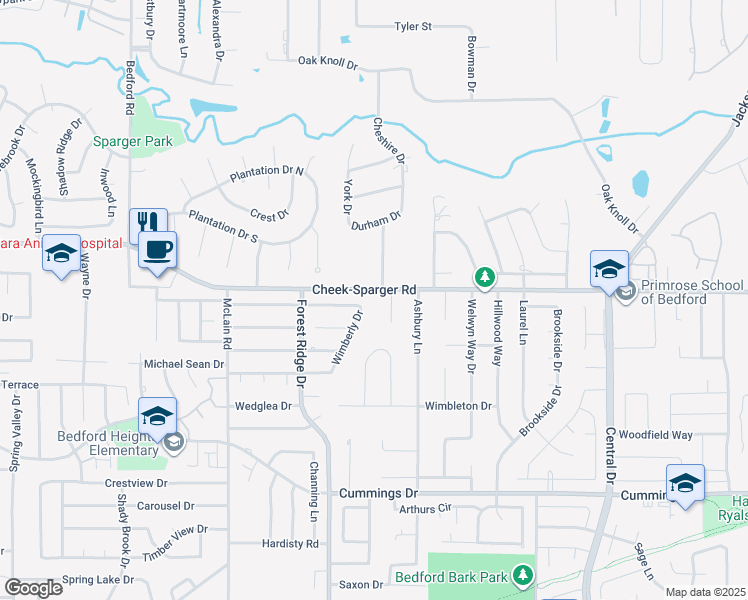 map of restaurants, bars, coffee shops, grocery stores, and more near 1519 Woodvale Dr in Bedford
