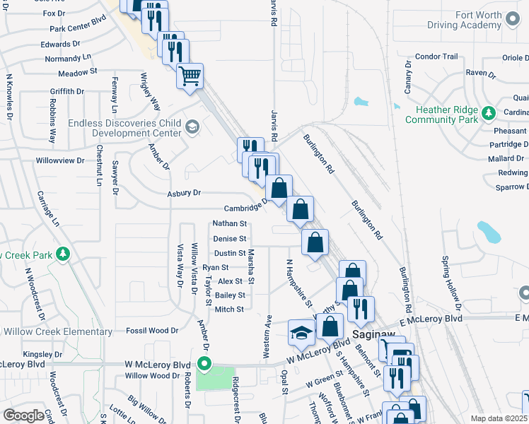map of restaurants, bars, coffee shops, grocery stores, and more near 125 Cambridge Drive in Saginaw