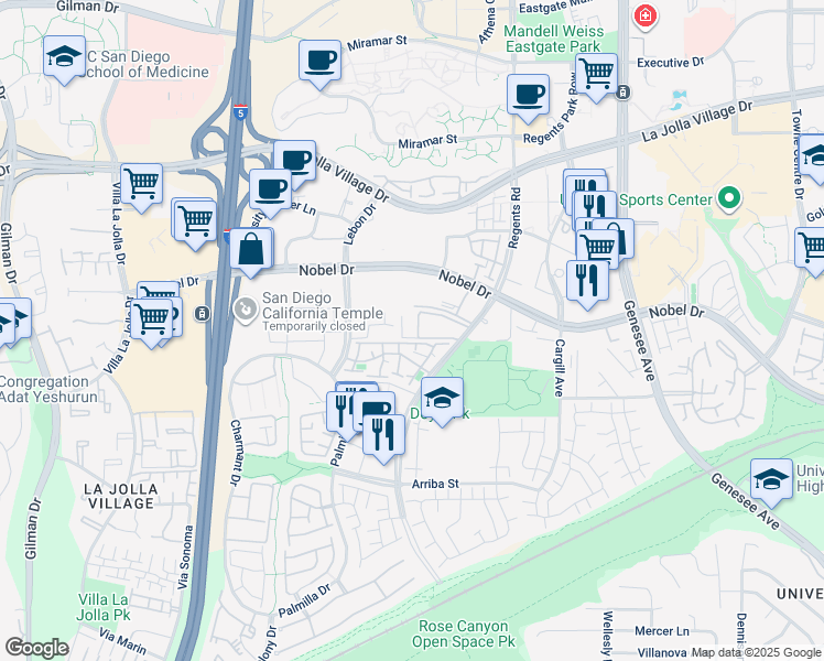 map of restaurants, bars, coffee shops, grocery stores, and more near 8332 Regents Road in San Diego
