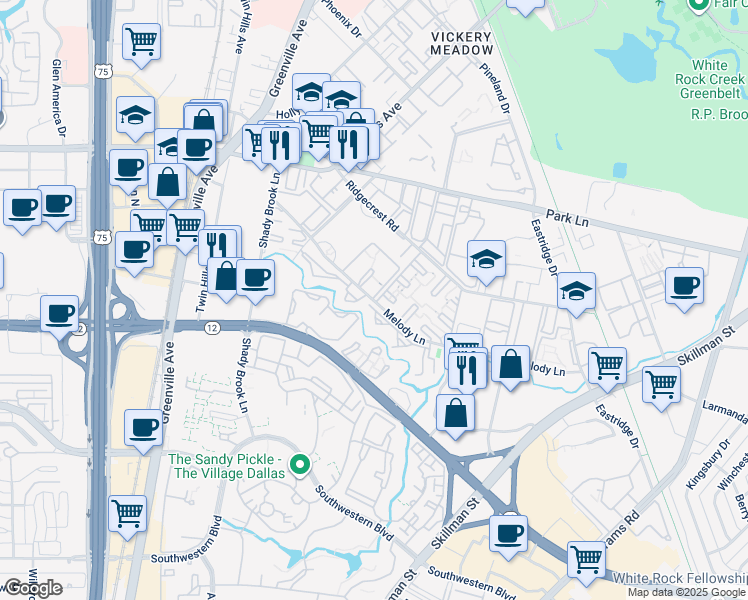 map of restaurants, bars, coffee shops, grocery stores, and more near 6251 Melody Lane in Dallas