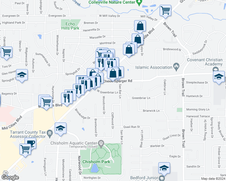 map of restaurants, bars, coffee shops, grocery stores, and more near 118 West Greenbriar Lane in Colleyville
