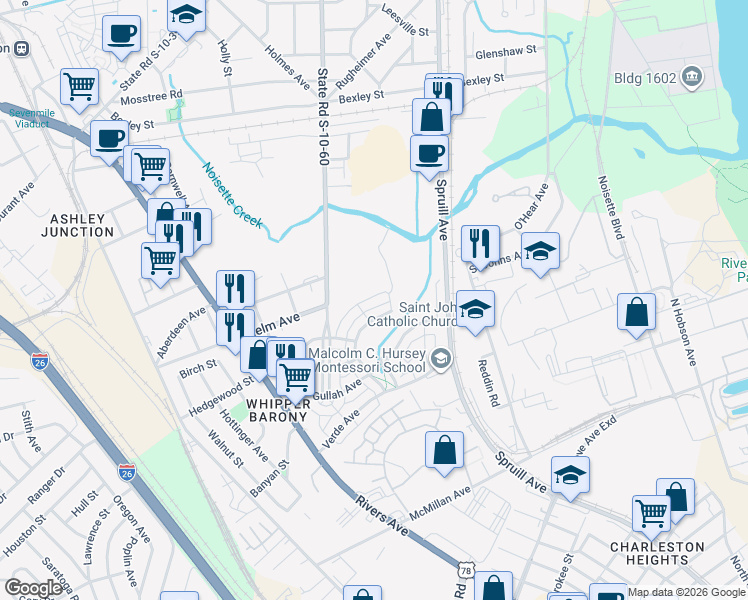 map of restaurants, bars, coffee shops, grocery stores, and more near 3984 Hillyard Street in North Charleston