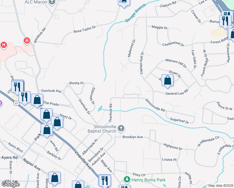 map of restaurants, bars, coffee shops, grocery stores, and more near 3585 Overlook Avenue in Macon