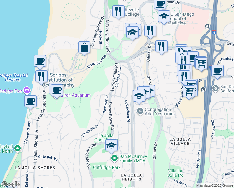 map of restaurants, bars, coffee shops, grocery stores, and more near 8806 Cliffridge Avenue in San Diego