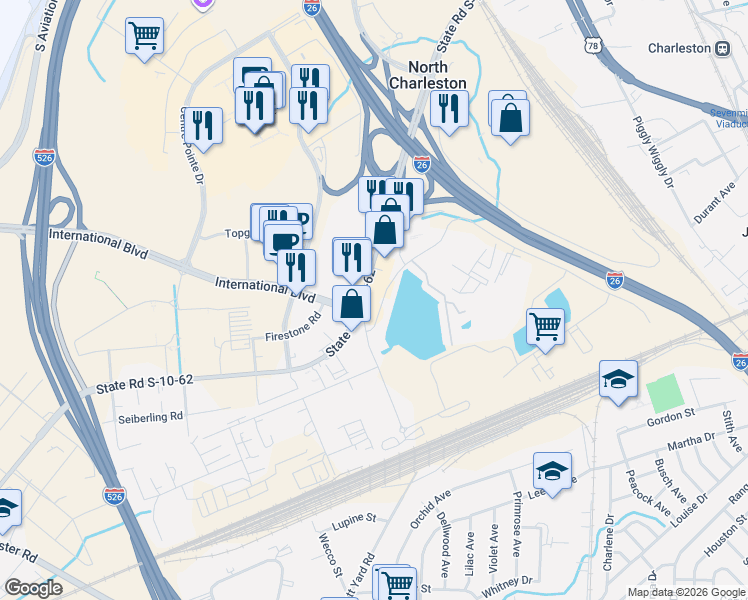 map of restaurants, bars, coffee shops, grocery stores, and more near 3025 West Montague Avenue in North Charleston