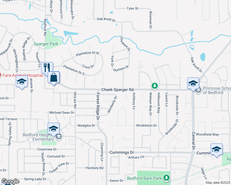 map of restaurants, bars, coffee shops, grocery stores, and more near 1519 Woodvale Drive in Bedford