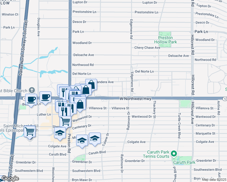 map of restaurants, bars, coffee shops, grocery stores, and more near 6333 Diamond Head Circle in Dallas