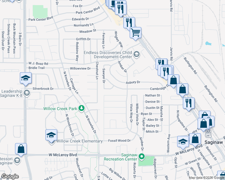 map of restaurants, bars, coffee shops, grocery stores, and more near 509 Buckstone Drive in Saginaw