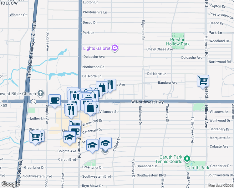 map of restaurants, bars, coffee shops, grocery stores, and more near 6211 West Northwest Highway in Dallas