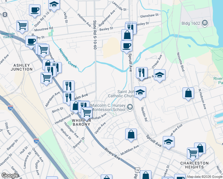 map of restaurants, bars, coffee shops, grocery stores, and more near 3984 Hillyard Street in North Charleston