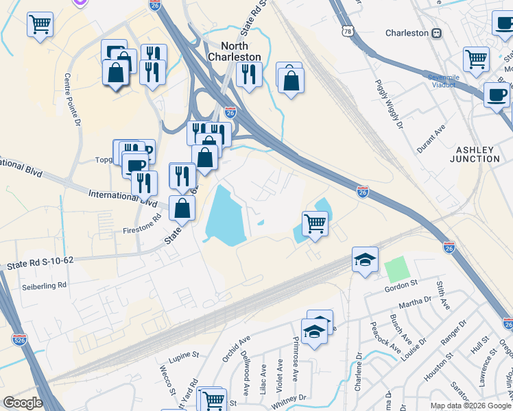 map of restaurants, bars, coffee shops, grocery stores, and more near 4943 Lake Palmetto Lane in North Charleston
