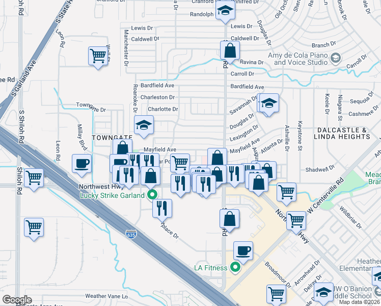 map of restaurants, bars, coffee shops, grocery stores, and more near 1502 Mayfield Avenue in Garland