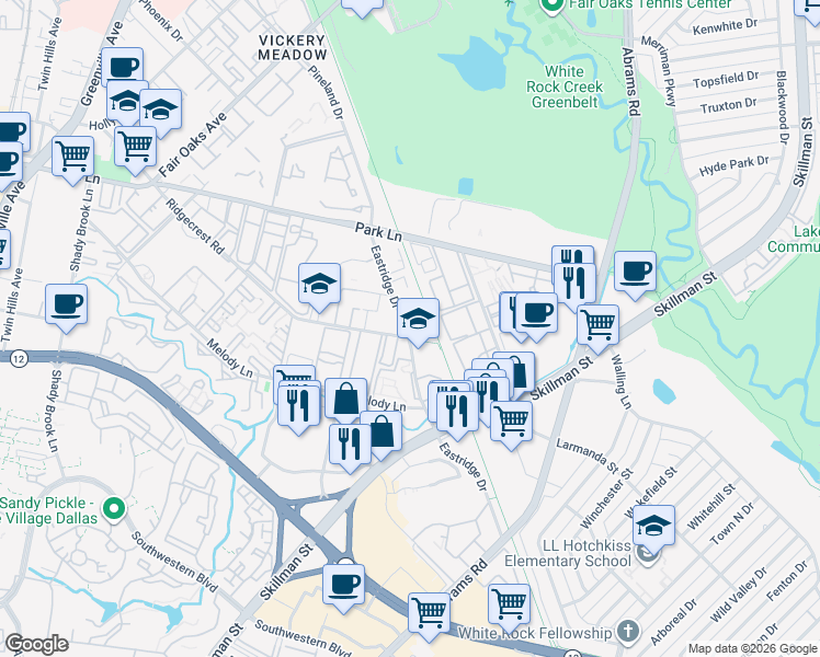 map of restaurants, bars, coffee shops, grocery stores, and more near 6712 Eastridge Drive in Dallas