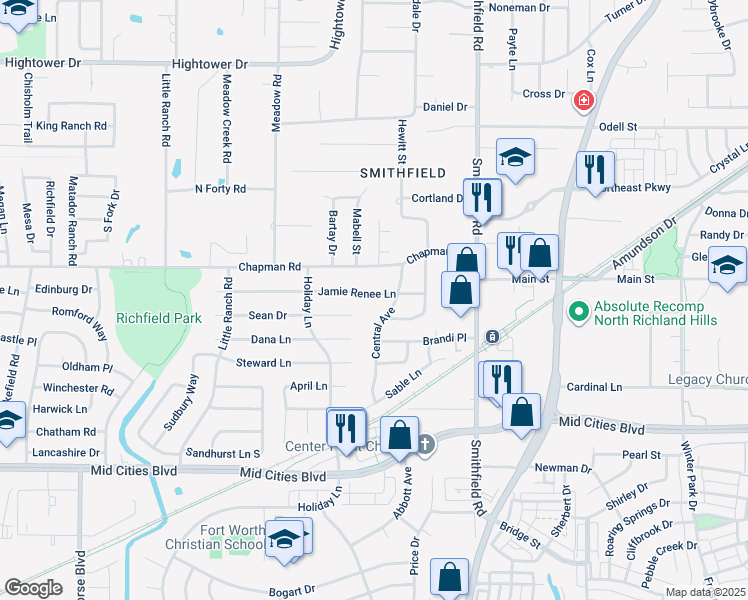 map of restaurants, bars, coffee shops, grocery stores, and more near 7706 Jamie Renee Lane in North Richland Hills