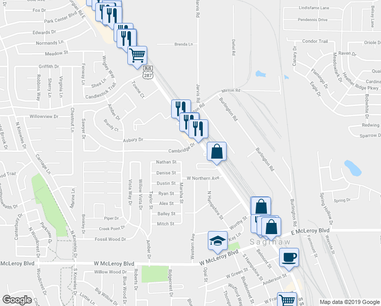 map of restaurants, bars, coffee shops, grocery stores, and more near 127 Cambridge Drive in Saginaw